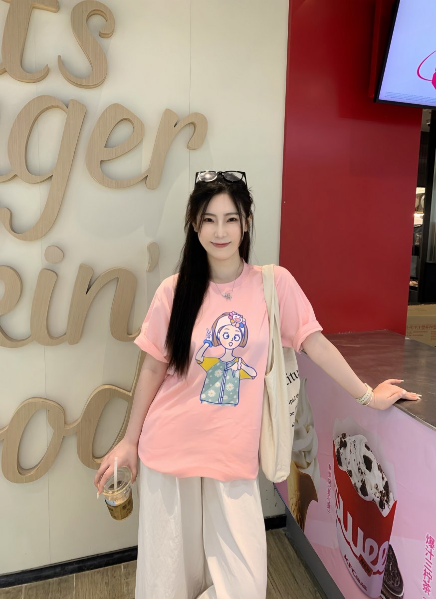 十三白头像#293纯棉樱桃粉圆领短袖T恤