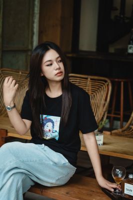 十三白鳍女子-爱乐黑色纯棉T恤