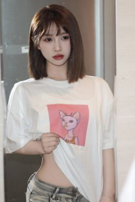 被宠坏的德文猫 #206纯棉白色落肩直喷春夏男女短袖圆领T恤