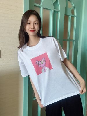 被宠坏的德文猫 #287纯棉白色落肩直喷春夏男女短袖圆领T恤