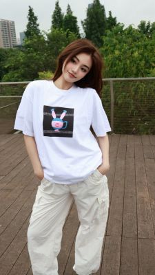 开朗兔009 纯棉白色落肩直喷春夏男女短袖T恤