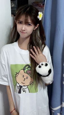中华小橘猫#00067白色纯棉落肩夏季男女T恤